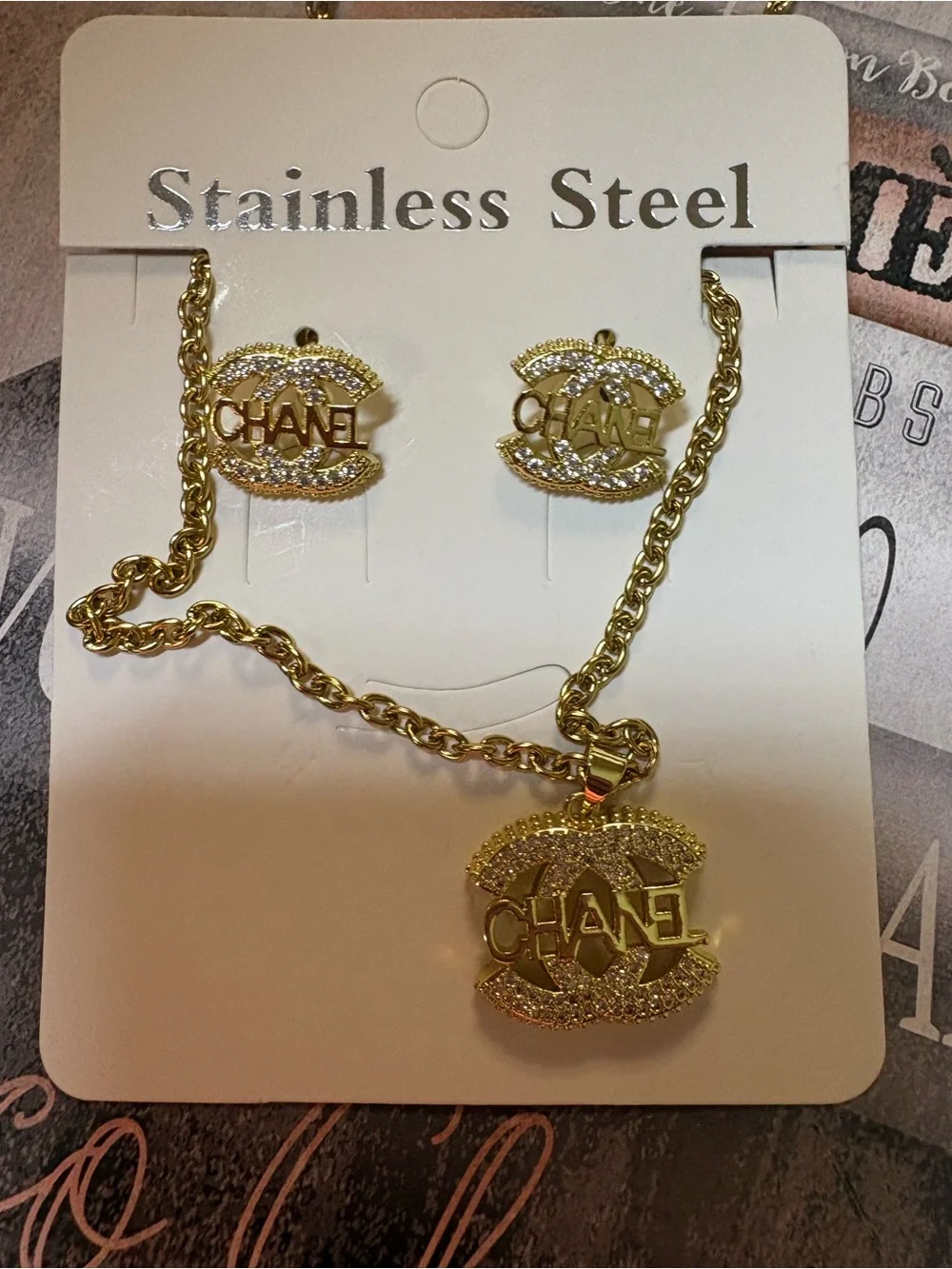 Luxury inspired Gold Logo Pendant Necklace with Matching Studs